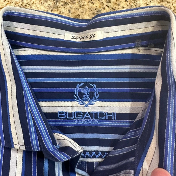 Men Bugatchi Shaped Fit Long Sleeve - Blue Stripped Shirt - Picture 8 of 8
